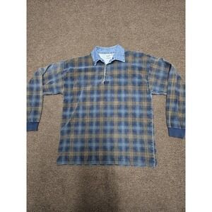 VINTAGE 90s Structure Rugby Polo Shirt Men Size L Plaid Denim‎ Collar USA Grunge